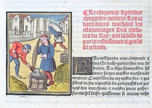 1528年に出版された「パリ市の商人の投票の管轄区域の王立命令」からの迫撃砲（または石膏）の測定（紙と紙とガッシュ）